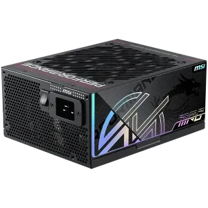 MSI MPG Ai1600TS PCIE5 Power Supply 1600W, 80 PLUS Titanium, Dual PCIe 5.1 Cables, ATX 3.1, Software Sync, 135mm Fan, Fan Stop, OVP/OCP/OTP/OPP/SCP/UVP/SIP/NLO, Braided Cables, Dimensions: 190mmx150mmx86mm, 12Y Warranty