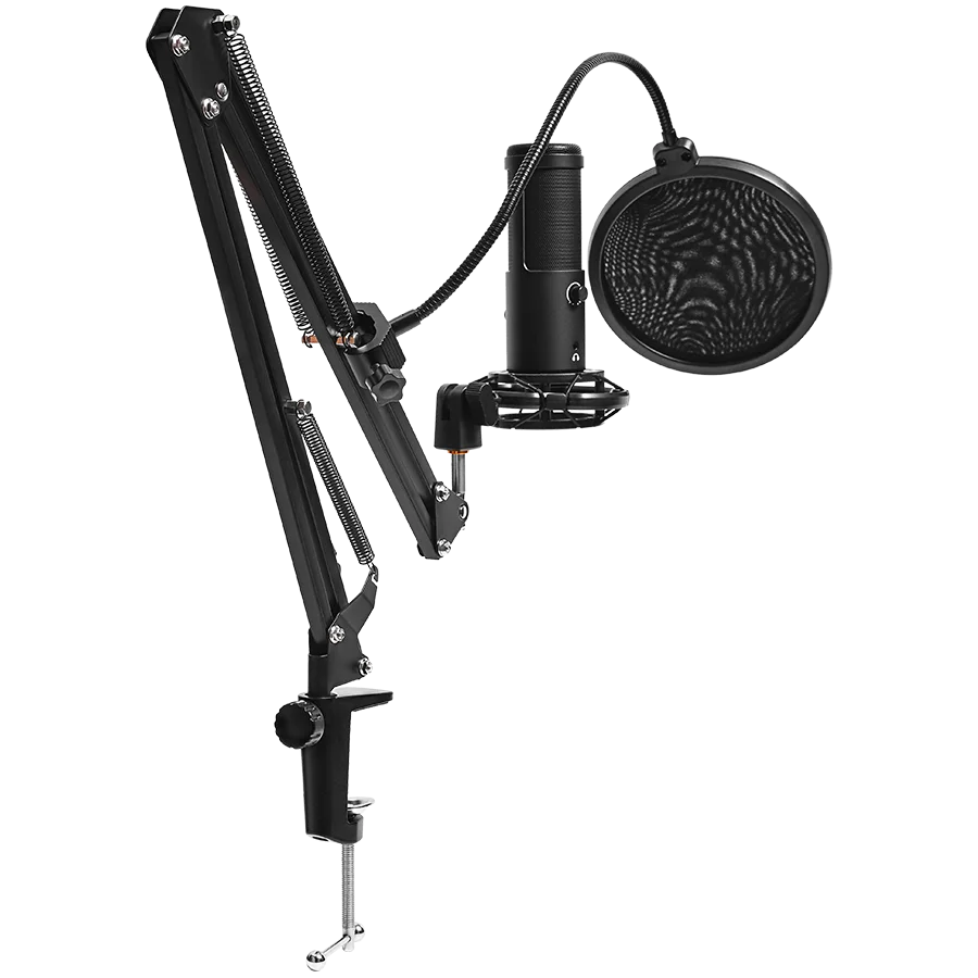 LORGAR Voicer 931, Gaming Microphone, Black, USB condenser microphone with boom arm stand, pop filter, tripod stand. including 1* microphone, 1*Boom Arm Stand with C-clamp, 1*shock mount, 1*pop filter, 1*windscreen cap, 1*2.5m type-C USB cable, 1* Extra t