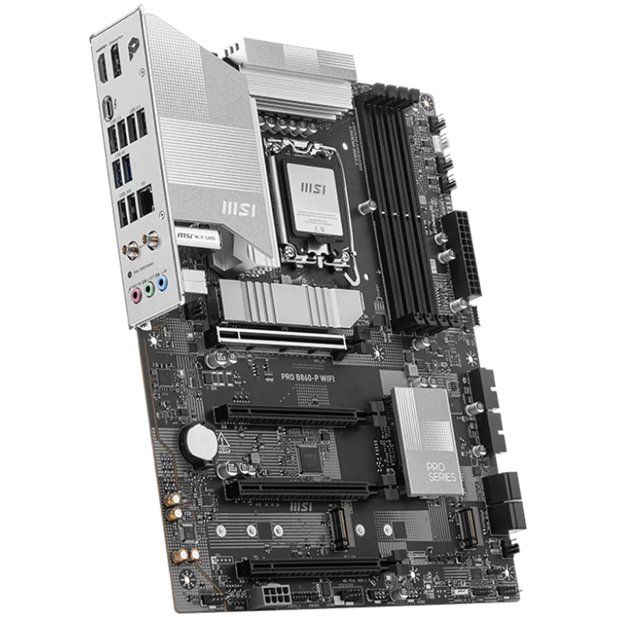 MSI PRO B860-P WIFI, ATX, LGA 1851, 4x DDR5 Dual Channel DDR5 up to 8600(OC)MHz, 4x PCIe x16 slot, 3x M.2 slot, 4x USB 2.0, 2x USB 5Gbps, 2x USB 10Gbps, 1x USB 40Gbps Type-C, HDMI, DP, 7.1 HD Audio, 5G LAN, WiFi, BT, 3Y MSI PRO B860-P WIFI, ATX, LGA 1851, 4x DDR5 Dual Channel DDR5 up to 8600(OC)MHz, 4x PCIe x16 slot, 3x M.2 slot, 4x USB 2.0, 2x USB 5Gbps, 2x USB 10Gbps, 1x USB 40Gbps Type-C, HDMI, DP, 7.1 HD Audio, 5G LAN, WiFi, BT, 3Y