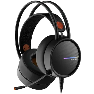 CANYON INTERCEPTOR GH-8A, Gaming headset 3.5mm jack plus USB connector for LED backlight, adjustable microphone and volume control, with 2in1 3.5mm adapter, cable 2M, Black and Orange, 0.36kg
