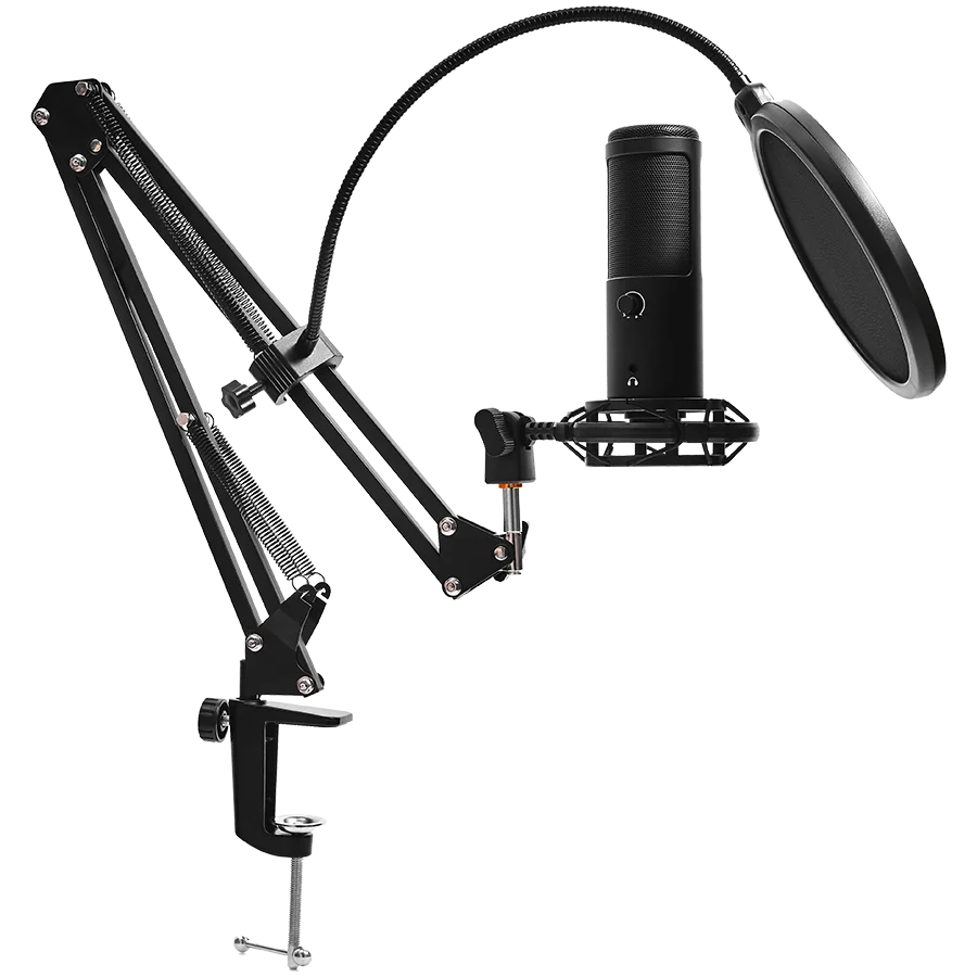 LORGAR Voicer 931, Gaming Microphone, Black, USB condenser microphone with boom arm stand, pop filter, tripod stand. including 1* microphone, 1*Boom Arm Stand with C-clamp, 1*shock mount, 1*pop filter, 1*windscreen cap, 1*2.5m type-C USB cable, 1* Extra t