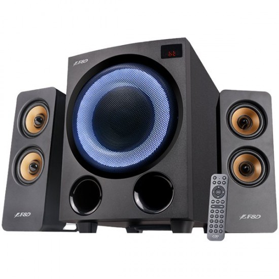 F&D F770X 2.1 Multimedia Speakers, 76W RMS, 4x2.5   Satellites + 5.25   Subwoofer, BT 5.0/Optical/AUX/USB/FM/Multi-color LED/LED Display/Remote Control/Wooden/Black
