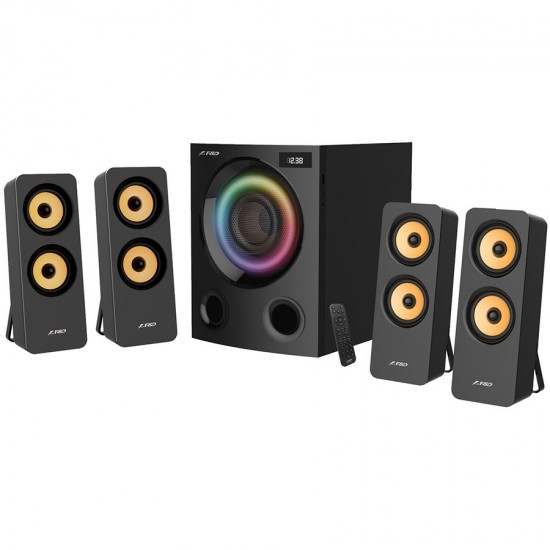 F&D F7700X 4.1 Multimedia Speakers, 80W RMS, 8x2.5   Satellites + 5.25   Subwoofer,  BT 5.0/Optical/AUX/USB/FM/Multi-color LED/LED Display/Remote Control/Wooden/Black
