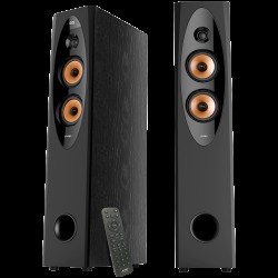 F&D T-60X PRO 2.0 Floorstanding Speakers, 120W RMS ( 60Wx2), 1   Tweeter + 4   Speakers x2 + 8   Subwoofer for each channel, BT 5.3/Optical/COAXIAL/AUX/USB/Karaoke function/LED Display/Remote control/Microphone/Wooden, Touch buttons, Black