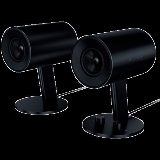 Nommo, Full range 2.0 gaming speakers for PC, Custom woven glass fiber 3-inch drivers for power and clarity, Rear-facing bass ports for powerful lows, Versatile controls for gaming, music and movies, Easy access headphone jack and volume controls