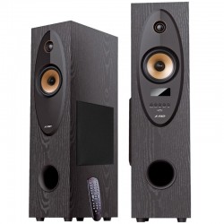 F&D T-35X 2.0 Floorstanding Speakers, 80W RMS (40Wx2), 1   Tweeter + 4   Speaker + 8   Subwoofer for each channel, BT 5.0/AUX/Optical/USB/FM/Karaoke function/LED Display/Remote control/Microphone included/Wooden/Black