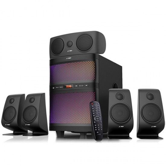 F&D F5060X 5.1 Multimedia Speakers, 135W RMS (15Wx5+60W), 5x1   Tweeter + 5x3   Satellites + 8   Subwoofer, BT 5.0/AUX/USB/FM/SD card reader/Multi-color LED/LED Display/Remote Control/Wooden/Black