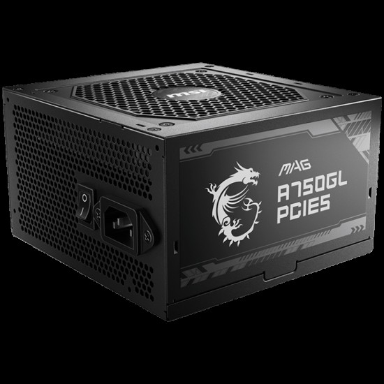 MSI MAG A750GL PCIE5, 750W, 80 Plus Gold, ATX Form Factor, 100~240 Vac Input Voltage, 47Hz ~ 63Hz Input Frequency, 120 mm Fan, 140 x 150 x 86mm, Active PFC, OCP, OVP, OPP, OTP, SCP, UVP, ATX, 2xEPS, 4XPCi-E, 8xSATA, 4xMOLEX, 1xFDD