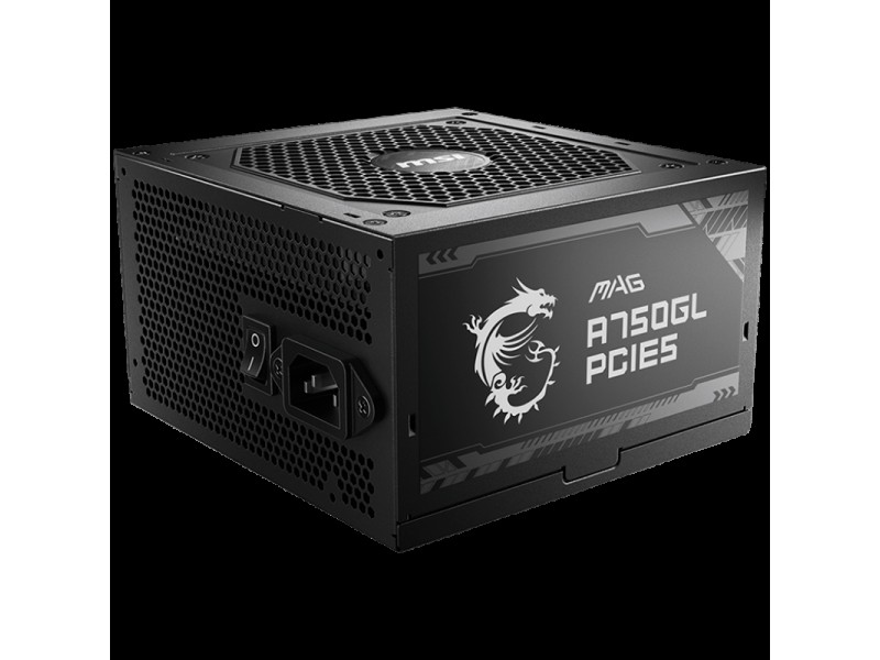 MSI MAG A750GL PCIE5, 750W, 80 Plus Gold, ATX Form Factor, 100~240 Vac Input Voltage, 47Hz ~ 63Hz Input Frequency, 120 mm Fan, 140 x 150 x 86mm, Active PFC, OCP, OVP, OPP, OTP, SCP, UVP, ATX, 2xEPS, 4XPCi-E, 8xSATA, 4xMOLEX, 1xFDD