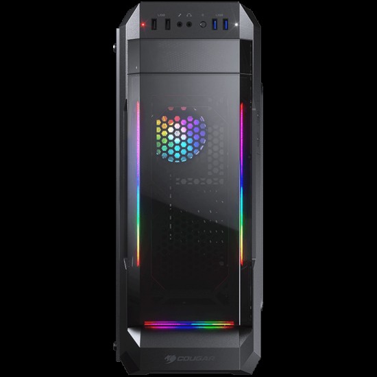 COUGAR MX331-T, Mid Tower, MiniITX/MicroATX/ATX, 204x481x443(mm), USB 3.0 x 2, USB 2.0 x 2, Mic x 1 / Audio x 1, RGB Control Button, Acyrlic with ARGB strips Front Panel, 120mm x 1(ARGB fan x1 pre-installed), 4mm Tempered Glass Left Panel, 5 Fans Max