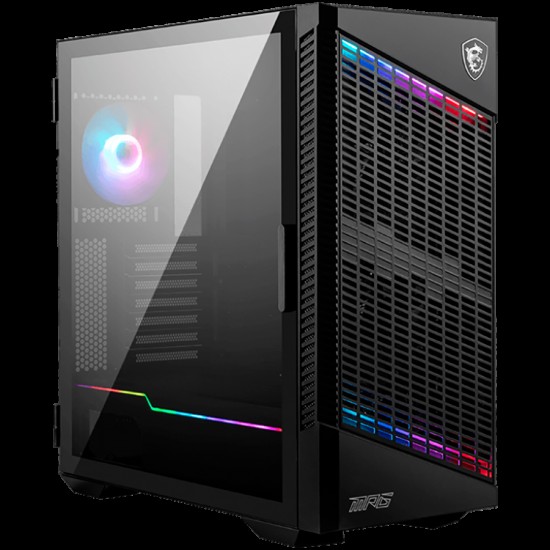 MSI MPG VELOX 100P AIRFLOW, Mid-Tower, ATX/Micro-ATX/Mini-ITX, 2x USB 3.2 Gen 1 Type-A, 1x USB 3.2 Gen 2x2 Type-C, 1x Audio/1x Mic, 4x 120mm Fans (1x ARGB), ARGB Hub, Mesh Front Panel, Vertical GPU Bracket (No Riser Cable Included), Tempered Glass