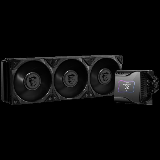 MSI MEG CORELIQUID S360, 2.4” Customizable IPS Display, 3x MEG SILENT GALE P12 2000rpm PWM Fans, VRM Fan, Intel LGA 115x/1200/1700/2011/2066, AMD AM5/AM4/AM3+/AM3/AM2+/AM2/FM2+/FM2/FM1/TR4/sTRX4/SP3, 5Y Warranty