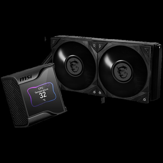 MSI MEG CORELIQUID S280 Liquid Cooler, 2x MEG SILENT GALE P14 1800rpm PWM Fans, 2.4” Customizable IPS Display, VRM Fan, Intel LGA 115x/1200/1700/2011/2066, AMD AM5/AM4/AM3+/AM3/AM2+/AM2/FM2+/FM2/FM1, 5Y Warranty
