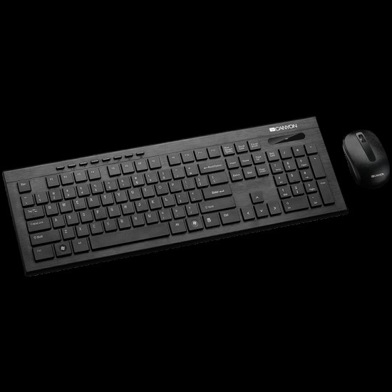 CANYON Multimedia 2.4GHZ wireless combo-set, keyboard 105 keys, slim and brushed finish design, chocolate key caps, BG layout (black); mouse adjustable DPI 800-1200-1600, 3 buttons (black)