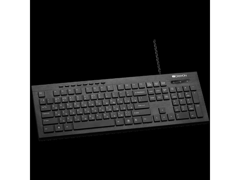CANYON Multimedia wired keyboard, 105 keys, slim and brushed finish design, white backlight, chocolate key caps, BG layout (black)