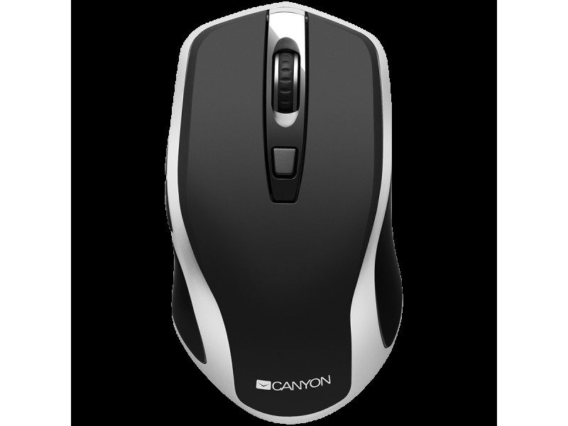 CANYON MW-19, 2.4GHz Wireless Rechargeable Mouse with Pixart sensor, 6keys, Silent switch for right/left keys,Add NTCDPI: 800/1200/1600, Max. usage 50 hours for one time full charged, 300mAh Li-poly battery, Black -Silver, cable length 0.6m, 121*70*39mm, 