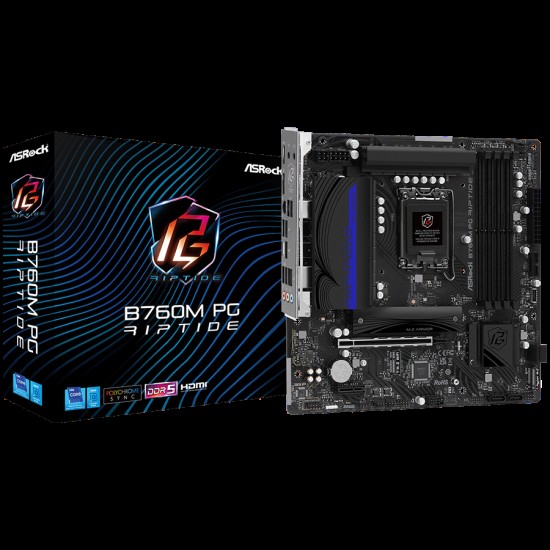 ASROCK MB Desktop B760M PG RIPTIDE (S1700, 4x DDR5, 1x PCIe 4.0 x16, 1x PCIe 4.0 x1, 1x M.2 Key E for Wi-Fi, 1x M.2 Hyper Gen4x4, 4x SATA3, 2x USB-C, 5x USB 3.2, 6x USB 2.0, 1xRJ-45 2.5 Gbit, 1x HDMI, 1x DP, mATX