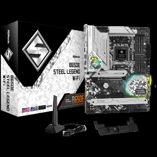 ASROCK MB Desktop B650E Steel Legend, AM5, 4x DDR5, 1x PCIe 5.0 x16, 1x PCIe 3.0 x16, 1x Blazing M.2(PCIe Gen5x4), 2x Hyper M.2(PCIe Gen4x4), 2x SATA3 6.0 Gb/s, 7.1 CH HD Audio, 1x HDMI, 1x DisplayPort, 2.5G LAN, 802.11ax Wi-Fi 6E + Bluetooth