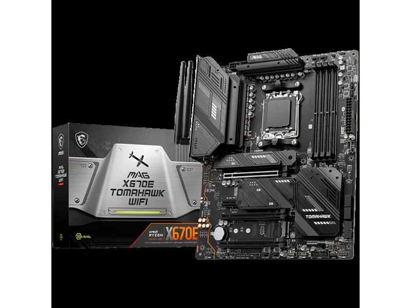 MSI MEG X670E TOMAHAWK WIFI, ATX, Socket AM5, 4xDDR5 Dual Channel DDR5 up to 6000(OC)MHz, 3x PCIe 3.0 16 slots, 4x M.2 slots, 4x USB 2.0, 1x USB 3.2 Gen 2, 4x USB 3.2 Gen 1, Type-C, 4x EX Debug LED, 7.1 HD Audio, 2.5G LAN, WiFI 6E, BT, 3Y