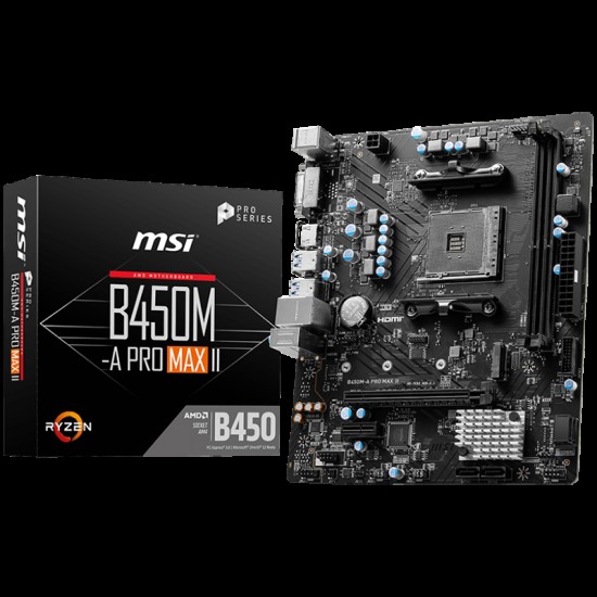 MSI Main Board Desktop B450M-A PRO MAX II, mATX, AMD Ryzen 5000, Socket AM4, 2xDDR4, 1xHDMI, 1xPCI-Ex16, 1xM.2, 2 x USB3.2 Gen 1, 4 x USB2.0, 4xSATA, 7.1 Audio, 2.5G LAN, 3Y