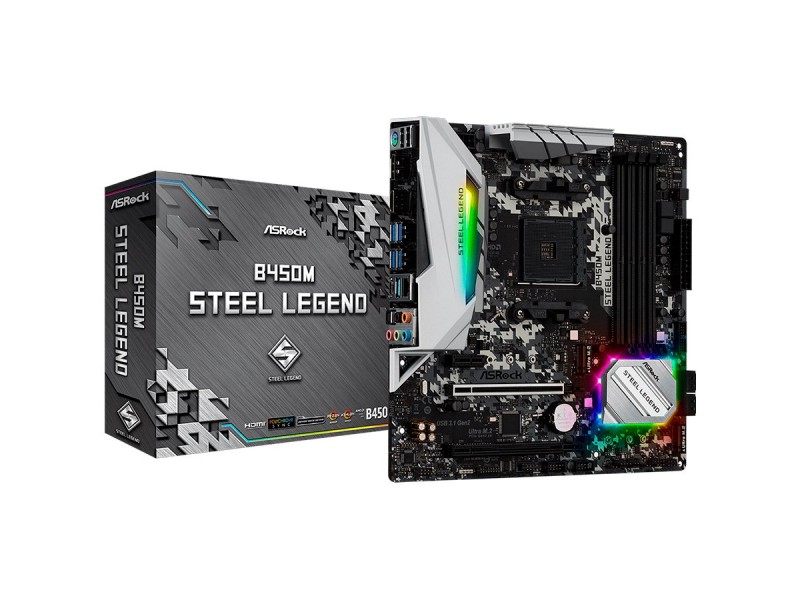 ASROCK Main Board Desktop B450M STEEL LEGEND (AM4, B450, 4xDDR4, PCIe3.0 x16, PCIe2.0 x1, 2xM.2, 4xSATA3, USB, HDMI, DP , 1xCOM Port Header, mATX, Retail)
