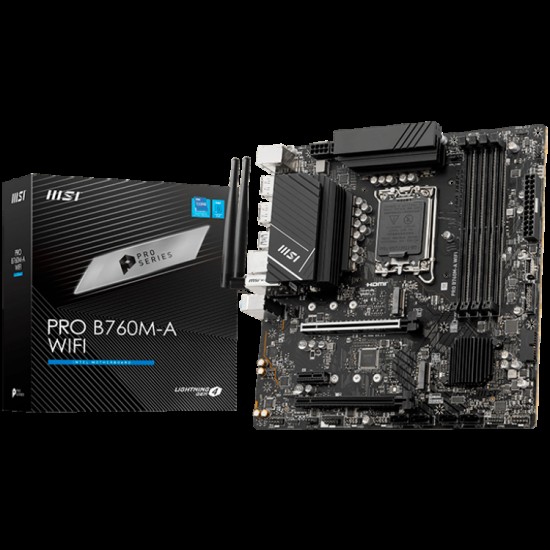 MSI PRO B760M-A WIFI, mATX, Socket 1700, Dual Channel 6800(OC)MHz, 2x PCIe x16 slots, 2x M.2 slots, 2x HDMI, 2x DP, 2x USB 3.2 Gen 2, 2x USB 3.2 Gen 1, 2x USB 2.0, 7.1 HD Audio, 2.5Gbps LAN, WI-FI 6E, BT, 3Y
