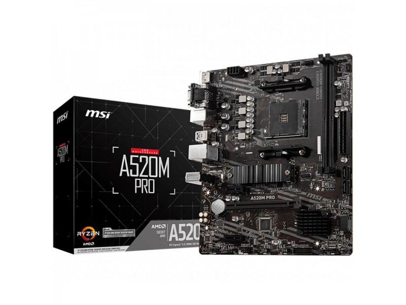 MSI Main Board Desktop A520M PRO (AM4, 2xDDR4, 1xPCI-E X16, 2xPCI-E X1, 4xSATA3, 1xM.2, RAID, 6xUSB3.2 Gen1, 6xUSB2.0, DP, VGA, HDMI, Audio, GLAN) mATX Retail