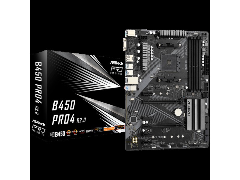 ASROCK Main Board Desktop B450 PRO4 (B450, AM4, 4xDDR4, HDMI/DP/D-Sub, 2 PCIe 3.0 x16, 4 PCIe 2.0 x1, 2xM.2, 6 SATA3, 1x USB-C, 2xUSB 2.0, 5x USB 3.2, 1xCOM Port Header, ATX, Retail)