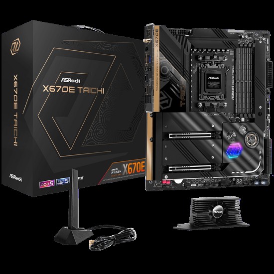 ASROCK MB Desktop X670E Taichi, AM5, 4x DDR5, 2x PCIe 5.0 x16, 8x SATA3, 3x Hyper M.2 (PCIe Gen4x4), 1x Blazing M.2(PCIe Gen5x4), 2x USB-C, 13x USB 3.2, 5.1 CH HD Audio, 1x HDMI, 2.5G LAN, Wi-Fi, BT, 1x SPDIF