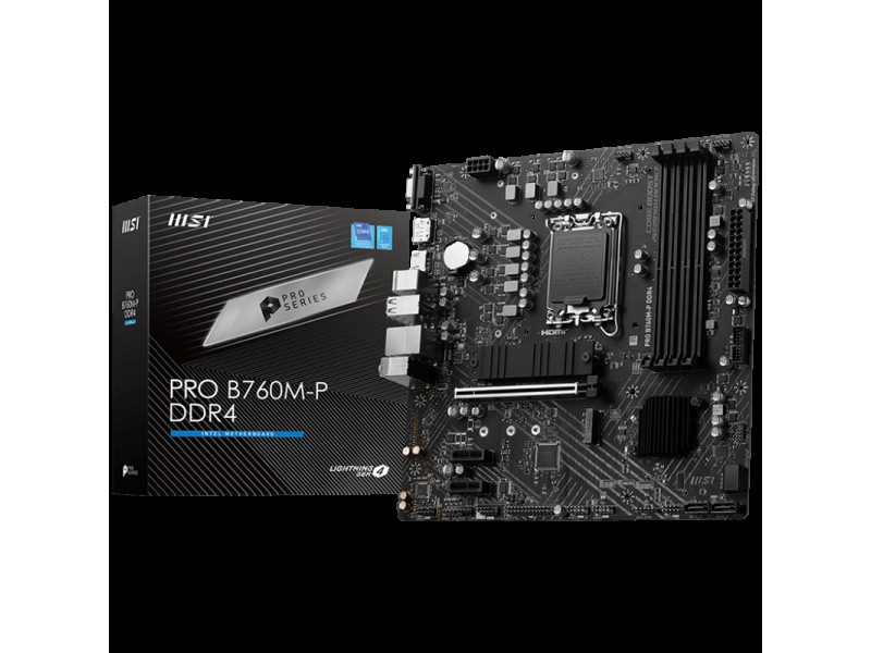 MSI PRO B760M-P DDR4, mATX, Socket 1700, Dual Channel DDR4 4800(OC)MHz, 1x PCIe x16 slots, 2x M.2 slots, 1x HDMI, 1x DP, 1x VGA, 1x USB 3.2 Gen 2 Type-C, 1x USB 3.2 Gen 1, 4x USB 2.0, 7.1 HD Audio, 1Gbps LAN, 3Y