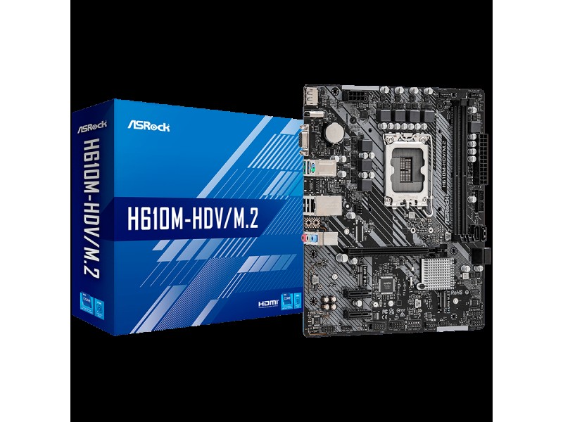 ASROCK Main Board Desktop H610M-HDV/M.2 (S1700, 2x DDR4, 1x PCIe x16, 2x PCIe x1, 4x SATA3 6.0Gb/s, 1x m.2 PCIe, 4x USB 3.2, 5x USB 2.0, 1x Com port header, 1x VGA, 1x HDMI, 1x DP 1.4, 1x GLAN, mATX) Retail