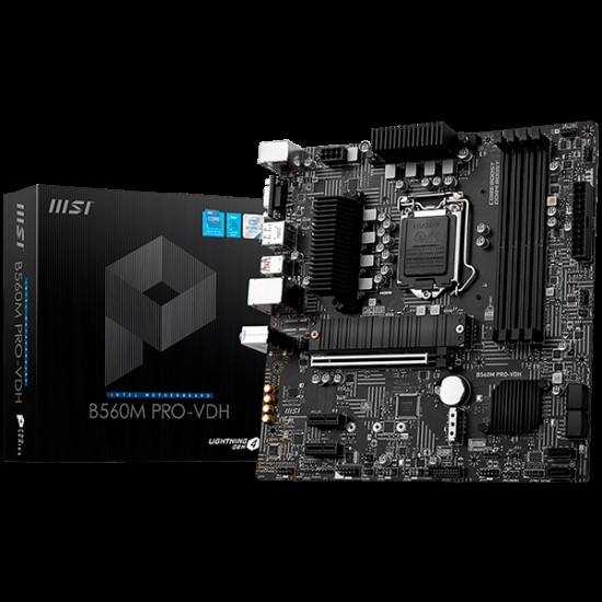 MSI B560M PRO-VDH,m-ATX,Socket 1200,Intel B560 Chipset,4 DIMMs Dual Channel DDR4 up to 5066(OC)MHz,1x PCIe x16 slot,2x M.2 slot,2x USB 3.2 Gen 2,2x USB 3.2 Gen 1,2x USB 2.0,1x HDMI,1x DP,1x VGA,2.5G LAN, 7.1 Audio,3y warranty