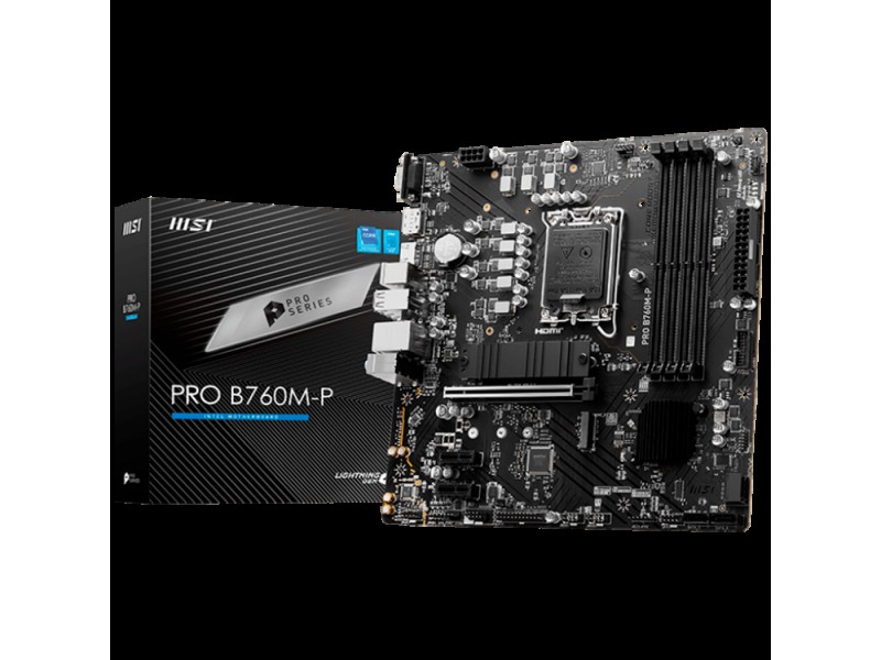MSI PRO B760M-P, mATX, LGA 1700, Dual Channel DDR5 6800, 1x PCIe x16 slots, 2x M.2 slots, 1x HDMI, 1x DP, 1x VGA, 1x USB 3.2 Gen 2 Type-C, 1x USB 3.2 Gen 1, 4x USB 2.0, 7.1 HD Audio, 1Gbps LAN, 3Y