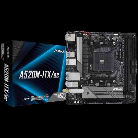 ASROCK Main Board Desktop A520M-ITX (AM4, 2xDDR4, 1x PCIe 3.0 x16, 1x M.2, 4x SATA3, 3x USB 2.0, 6x USB 3.2, GLAN, HDMI, DP, mATX)retail