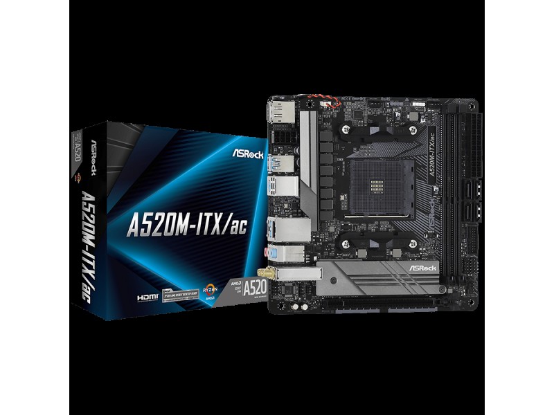 ASROCK Main Board Desktop A520M-ITX (AM4, 2xDDR4, 1x PCIe 3.0 x16, 1x M.2, 4x SATA3, 3x USB 2.0, 6x USB 3.2, GLAN, HDMI, DP, mATX)retail