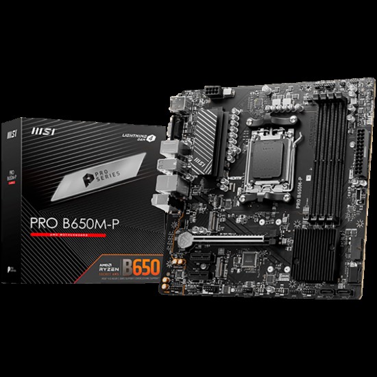 MSI PRO B650M-P,ATX, Socket AM5,AMD B650, 4xDDR5, Dual Channel DDR5 up to 7200+(OC)MHz,1x PCIe 4.0/3.0 x16 slot,2x M.2 slots,2x USB 3.2 Gen 2 (1x Type-C),2x USB 3.2 Gen 1,4x USB 2.0,1x HDMI,1x DP,2.5G LAN,7.1 Audio,3y warranty