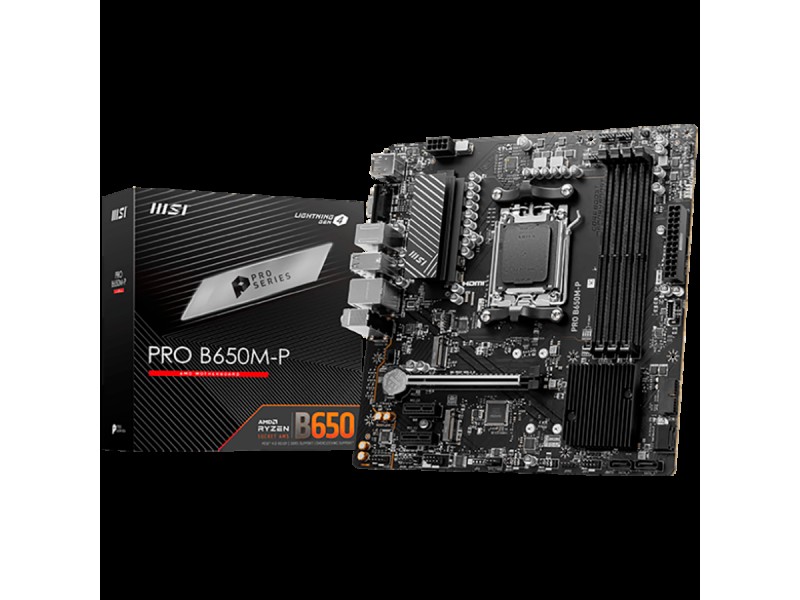 MSI PRO B650M-P,ATX, Socket AM5,AMD B650, 4xDDR5, Dual Channel DDR5 up to 7200+(OC)MHz,1x PCIe 4.0/3.0 x16 slot,2x M.2 slots,2x USB 3.2 Gen 2 (1x Type-C),2x USB 3.2 Gen 1,4x USB 2.0,1x HDMI,1x DP,2.5G LAN,7.1 Audio,3y warranty