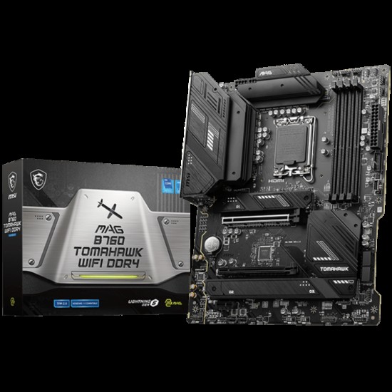 MSI MAG B760 TOMAHAWK WIFI DDR4, ATX, Socket 1700, Dual Channel DDR4 5333(OC)MHz, 2x PCIe x16 slots, 3x M.2 slots, 1x HDMI, 1x DP, 1x USB 3.2 Gen 2x2 Type-C, 4x USB 3.2 Gen 2, 4x USB 2.0, 7.1 HD Audio, 2.5Gbps LAN, WI-FI 6E, BT, 3Y