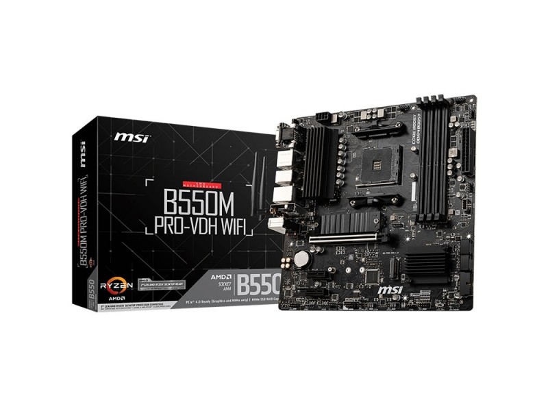 MSI B550M PRO-VDH WIFI,m-ATX,Socket AM4,AMD B550 Chipset,4 DIMMs,Dual Channel DDR4 up to 4400+(OC)MHz,1x PCIe 4.0/3.0 x16 slot,2x M.2 slots,4x USB 3.2 Gen 1,2x USB 2.0,1x HDMI,1x DP,1x VGA,WiFi,1G LAN,7.1 Audio,3y warranty