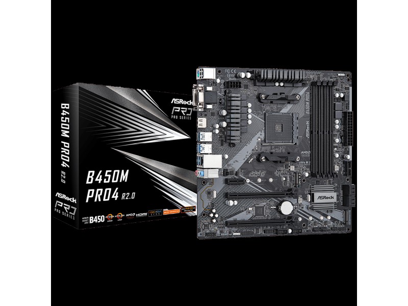 ASROCK Main Board Desktop B450M PRO4 (AM4, 4xDDR4, 1x PCIe 3.0 x16, 1x PCIe 2.0 x16, 1x PCIe 2.0 x1, 4x SATA III, RAID 0,1,10, 1x Ultra M.2 PCIe Gen3 x4, 1x M.2 SATA3, 1x COM Port header, 8x USB 3.0, GLAN, VGA, HDMI, DVI) mATX, Retail