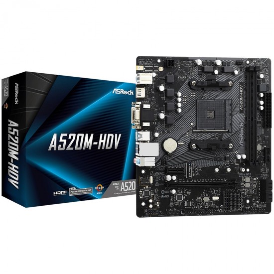 ASROCK Main Board Desktop A520M-HDV (AM4, 2xDDR4, PCIe 3.0 x16,PCIe 3.0 x1, M.2, 4 SATA3, D-Sub, DVI, HDMI, mATX, retail) ASROCK Main Board Desktop A520M-HDV (AM4, 2xDDR4, PCIe 3.0 x16,PCIe 3.0 x1, M.2, 4 SATA3, D-Sub, DVI, HDMI, mATX, retail)
