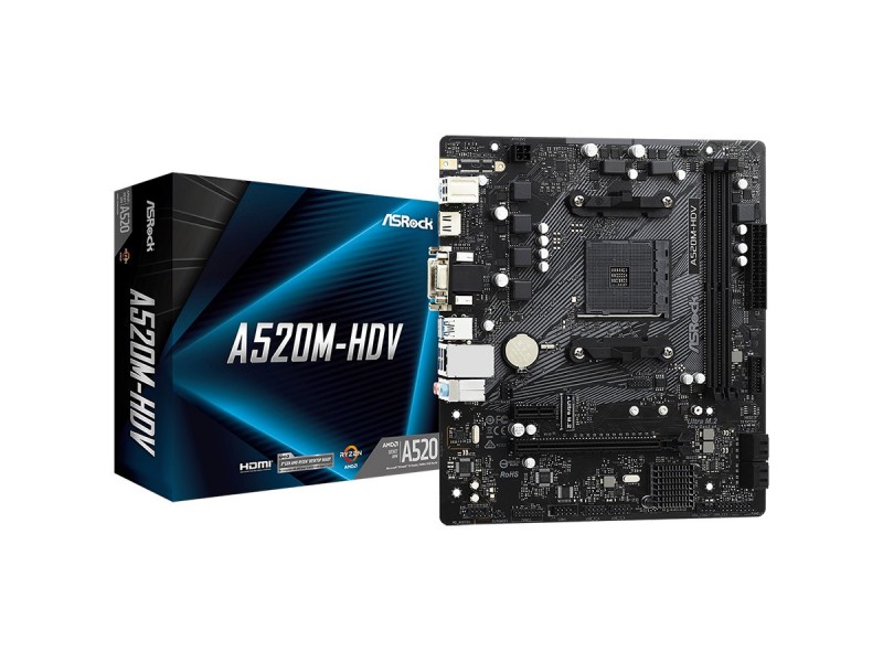 ASROCK Main Board Desktop A520M-HDV (AM4, 2xDDR4, PCIe 3.0 x16,PCIe 3.0 x1, M.2, 4 SATA3, D-Sub, DVI, HDMI, mATX, retail)