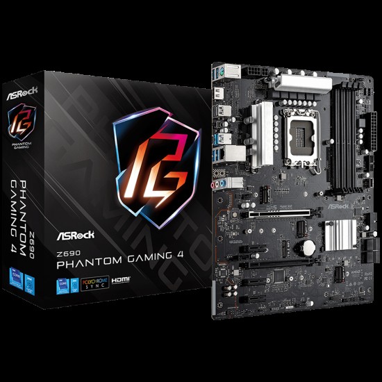 ASROCK Main Board Desktop Z690 Phantom Gaming 4 (S1700, Z690, 4x DDR5, 2x PCIe x16, 3x PCIe x1, 4x SATA3 6.0Gb/s, 3x m.2 PCIe Gen4x4, RAID 0,1,5,10, 10x USB 3.2, 1x USB-C 1x RJ-45 1GB Lan, HDMI, ATX, Retail.