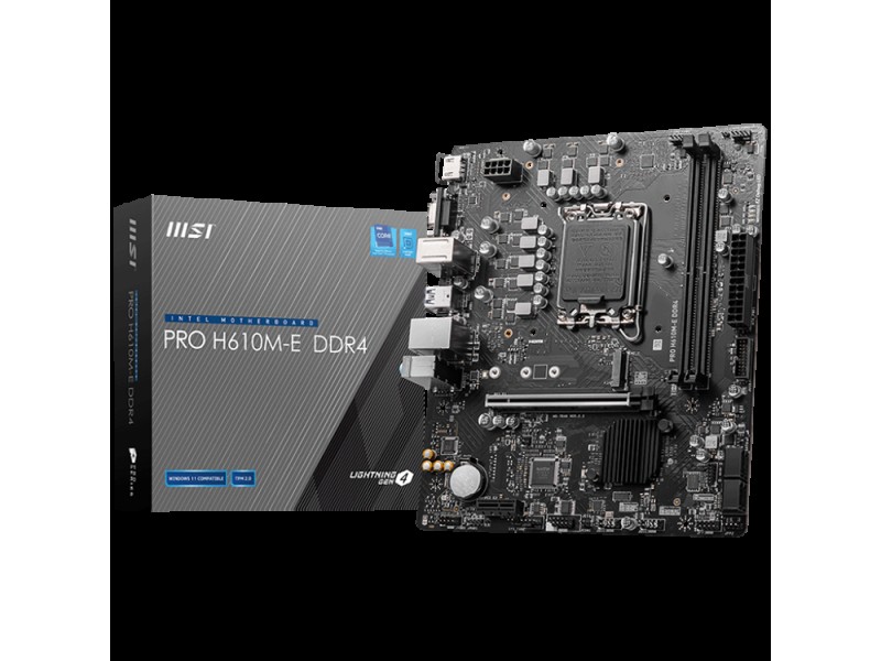 MSI PRO H610M-E, mATX, LGA 1700, Dual Channel DDR5 5600+MHz, 1x PCIe x16 slot, 1x M.2 slot, 1x HDMI, 1x VGA, 2x USB 3.2 Gen 1, 4x USB 2.0, 7.1 HD Audio, Realtek ALC897 Codec, 3Y