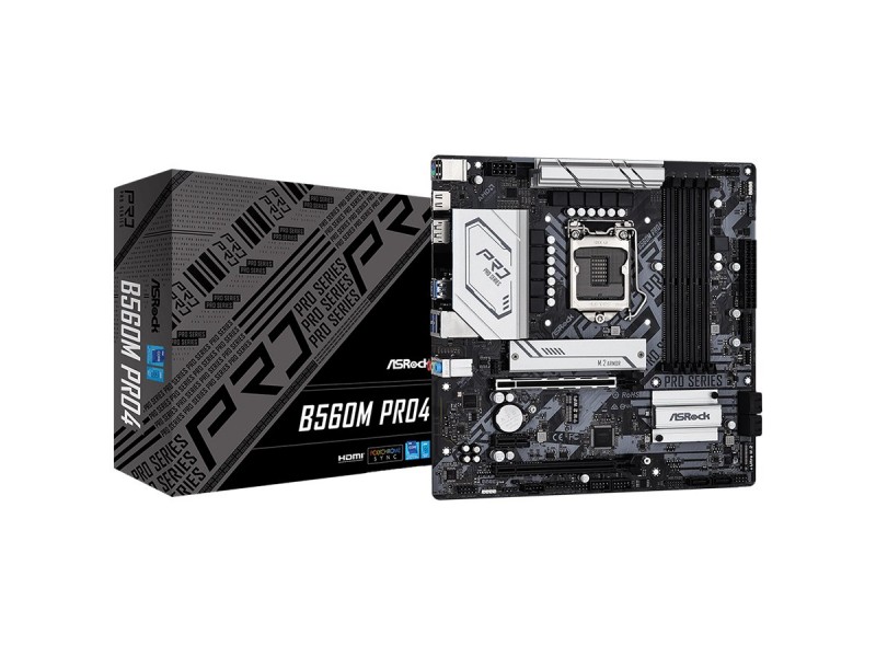ASROCK Main Board Desktop B560M PRO4 (S1200, B560, 4xDDR4, 1xPCIe 4.0x16, 1xPCIe 3.0x16, 1xPCIe 3.0x1, 6xSATA, 1xM.2 PCIe Gen4x4, 1xM.2, 7xUSB3.2 Gen1, 6xUSB2.0, DP, HDMI, GLAN, POLYCHROME RGB, mATX, Retail)