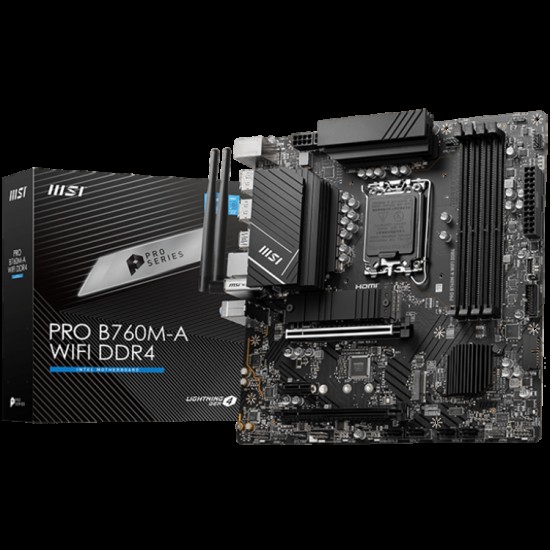 MSI PRO B760M-A WIFI DDR4, mATX, Socket 1700, Dual Channel DDR4 5333(OC)MHz, 2x PCIe x16 slots, 2x M.2 slots, 2x HDMI, 2x DP, 2x USB 3.2 Gen 2, 2x USB 3.2 Gen 1, 2x USB 2.0, 7.1 HD Audio, 2.5Gbps LAN, WI-FI 6E, BT, 3Y