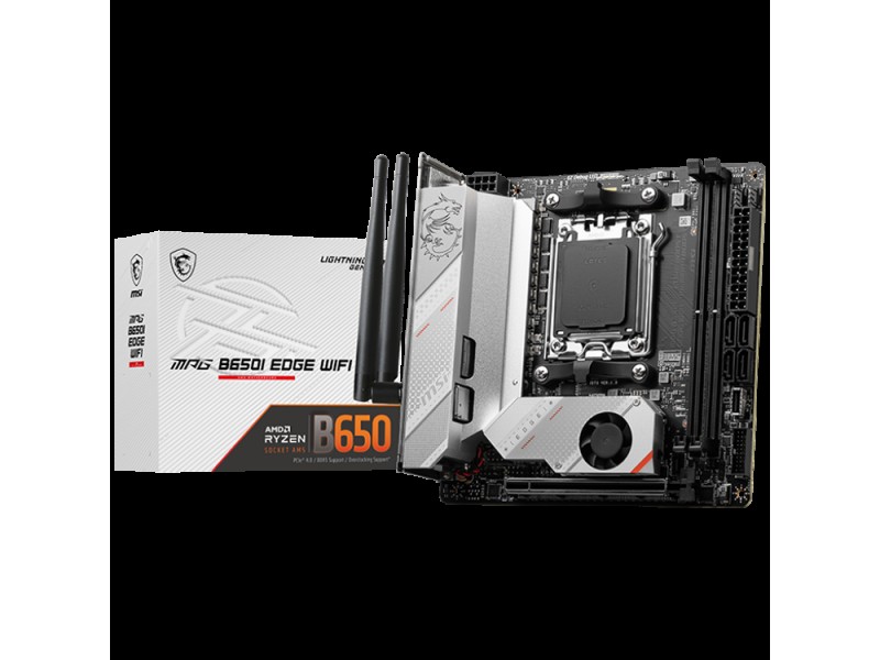 MSI MPG B650I EDGE WIFI, m-ITX, Socket AM5, Dual Channel DDR5 6600+MHz (OC), 1x PCIe x16 slot, 2x M.2 slot, 1x HDMI, 3x USB 3.2 Gen 2, 2x USB 3.2 Gen 1, 1x USB 3.2 Gen2x2 Type C, 7.1 HD Audio, 2.5Gbps LAN, WIFI, BT, 3Y