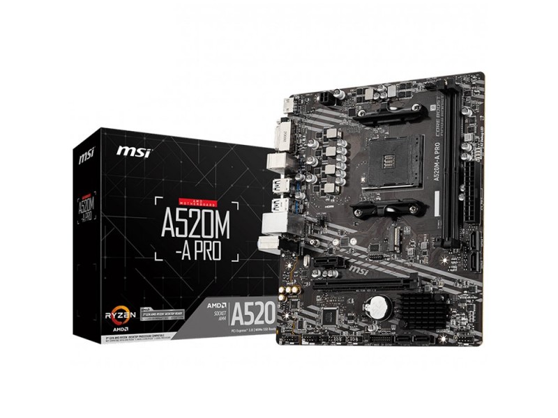 MSI Main Board Desktop A520M-A PRO (A520, AM4, 2xDDR4, 1x PCI-E 3.0 x16 slot,1x M.2 slot,4x USB 3.2 Gen1,2x USB 2.0,1x HDMI,1x DVI-D,Gigabit LAN,7.1 HD Audio, mATX, Retail)
