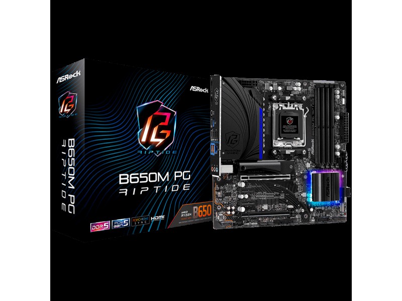 ASROCK MB Desktop B650M PG RIPTIDE, AM5, 4x DDR5, 2x PCIe 4.0 x16, 2x PCIe 3.0 x16, 1x Blazing M.2(PCIe Gen5x4), 1x Hyper M.2, 4x SATA3, RAID 0, 1, 10, 7.1 CH HD Audio, 1x HDMI, 1x DP, 2.5G LAN, 7x USB 3.2, 8x USB 2.0, USB-C, mATX