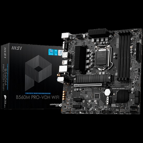 MSI B560M PRO-VDH WIFI,m-ATX,Socket 1200,Intel B560 Chipset,4 DIMMs Dual Channel DDR4 up to 5066(OC)MHz,1x PCIe x16 slot,2x M.2 slot,2x USB 3.2 Gen 2,2x USB 3.2 Gen 1,2x USB 2.0,1x HDMI,1x DP,1x VGA,WiFi 6,2.5G LAN, 7.1 Audio,3y warranty